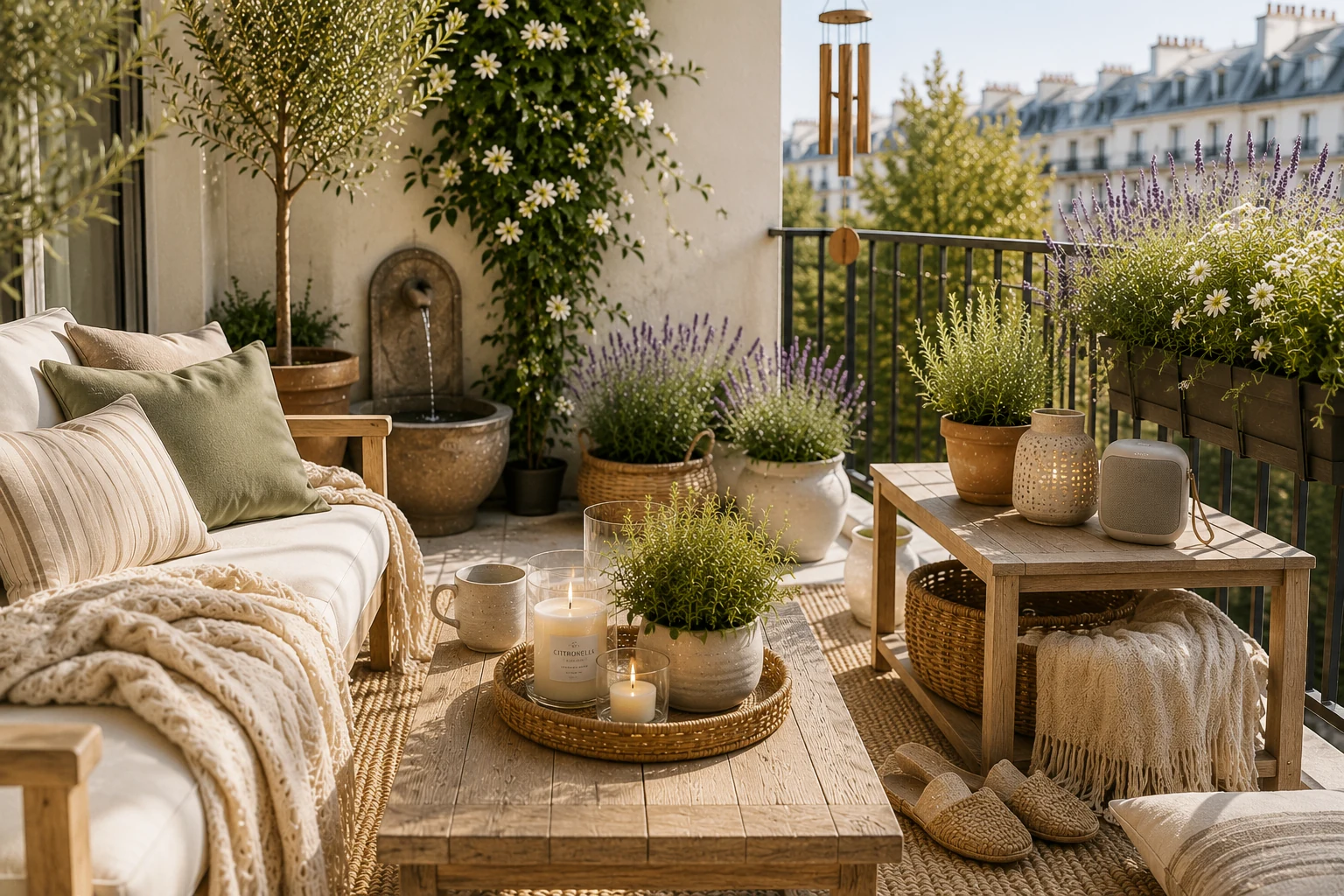 Kleiner Wasserbrunnen, Duftkerze, Kräutertöpfe und Holz-Windspiel auf einem Balkon