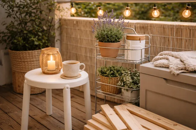 Badezimmermöbel als Pflanzenablage auf dem Balkon zweckentfremdet
