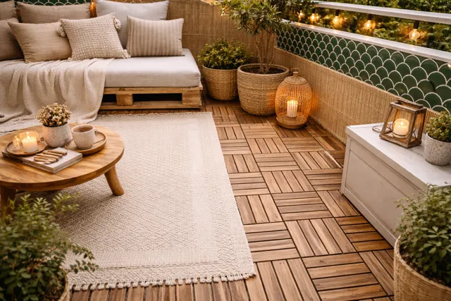 Gemütlicher Balkon mit Holzfliesen, Outdoor-Teppich und warmer Beleuchtung