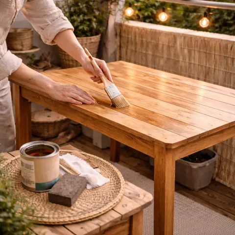 Holztisch wird auf dem Balkon mit Pinsel und Holzöl behandelt