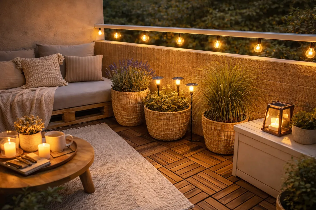 Balkon am Abend mit warmen Lichterketten, Solarleuchten und Kerzen