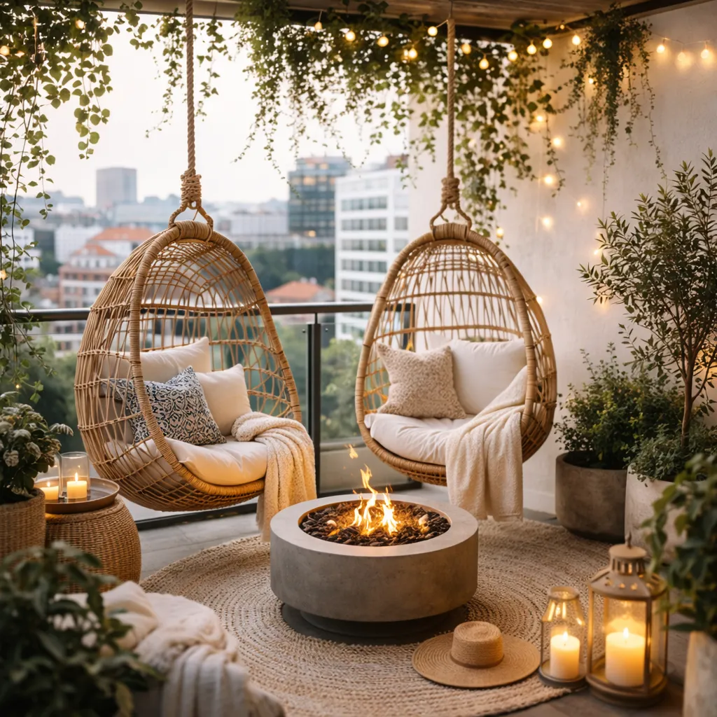 Stilvoll eingerichteter Balkon mit warmer Beleuchtung und Pflanzen