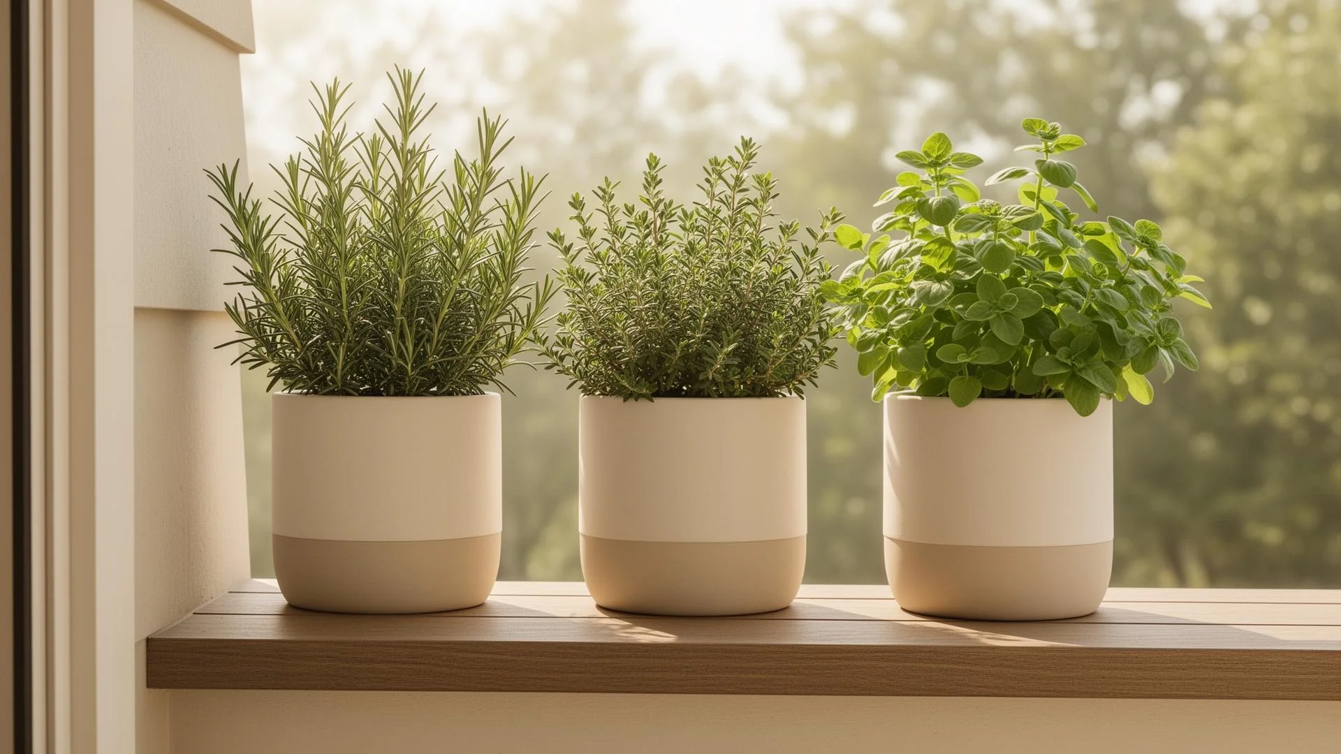 Drei minimalistische Kräutertöpfe auf einer Balkonablage im Sonnenlicht