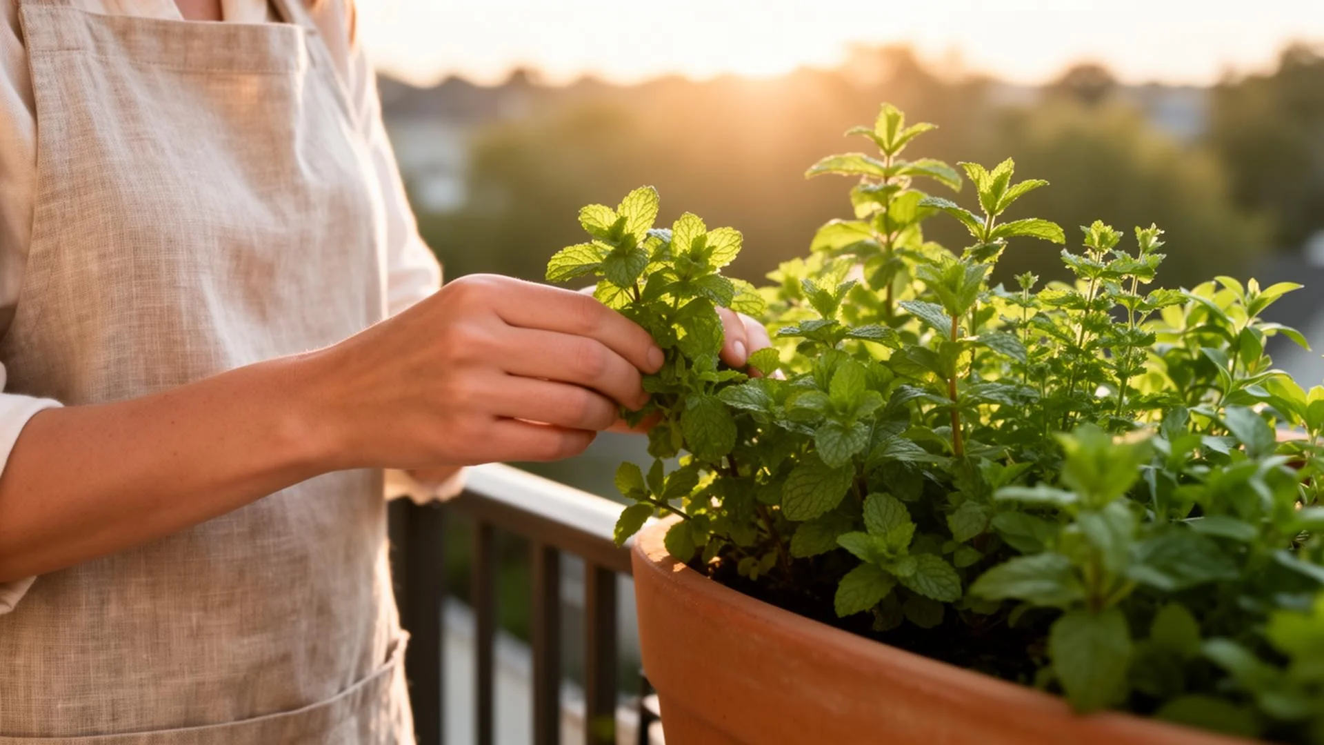 Hand erntet frische Minze auf dem Balkon im goldenen Abendlicht