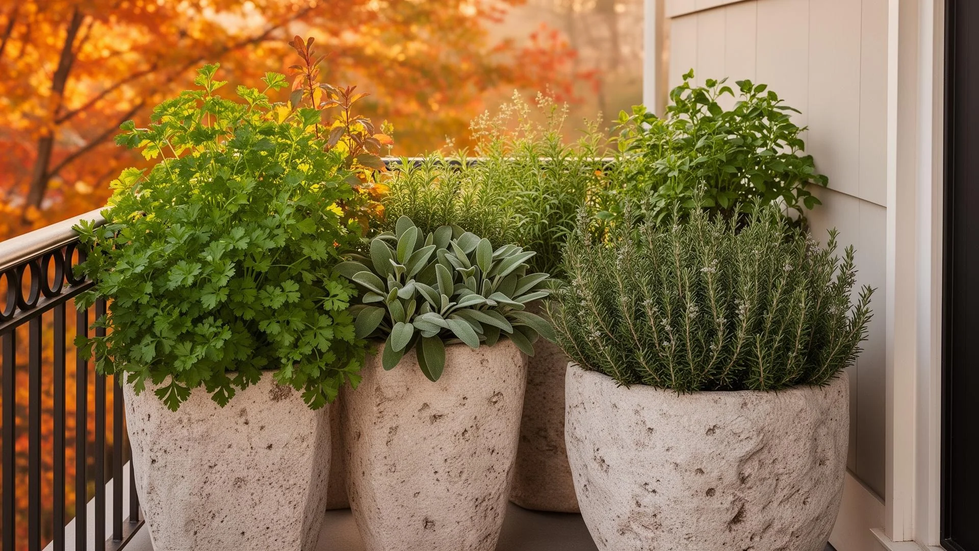 Kräuterarrangement auf dem Balkon im warmen Herbstlicht