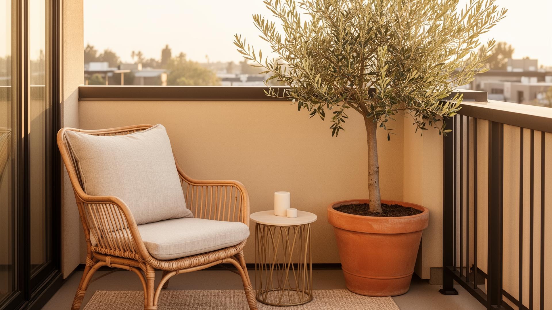 Stilvoller, durchdacht zonierter Balkon mit Rattansessel und Olivenbaum