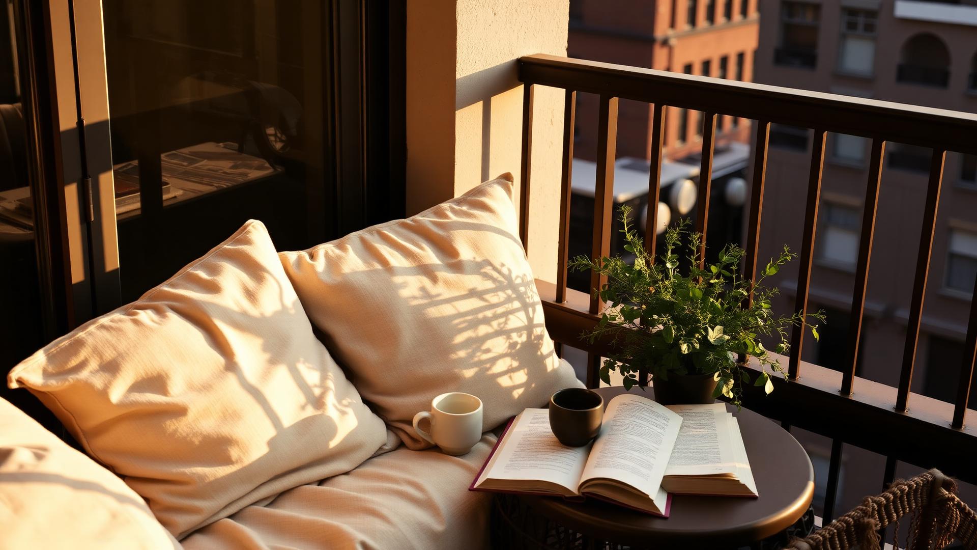 Gemütlicher Stadtbalkon mit Kissen, Kaffeetasse und aufgeschlagenem Buch im Abendlicht