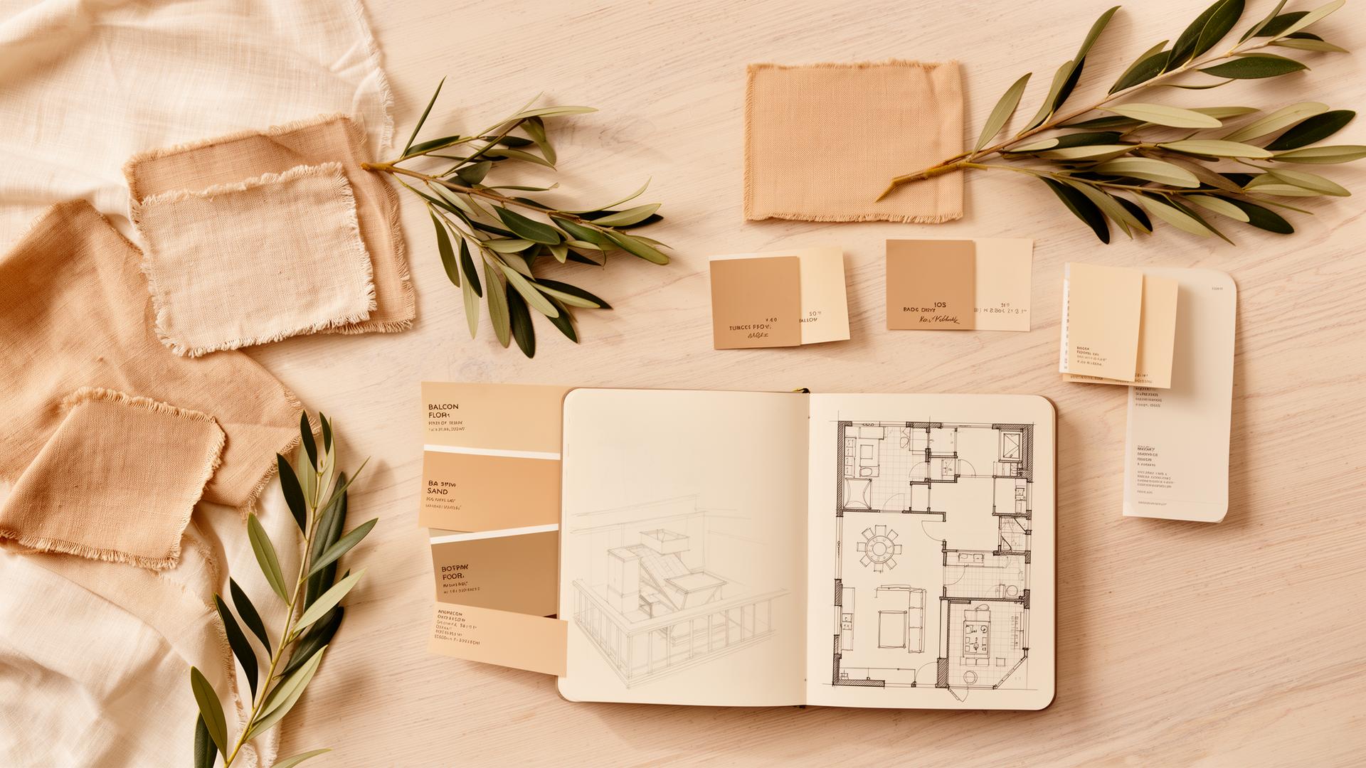Moodboard mit Stoffmustern, Farbkarten, Olivenzweigen und Balkon-Skizzen