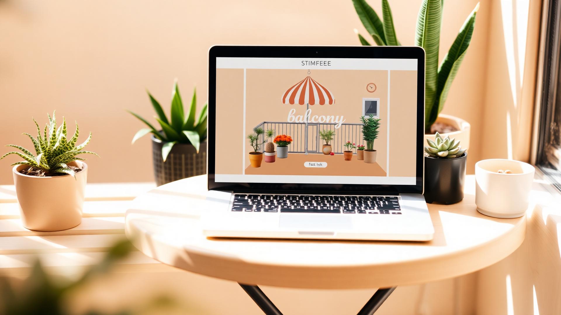 Laptop mit Balkon-Designentwurf auf einem Tisch zwischen Balkonpflanzen