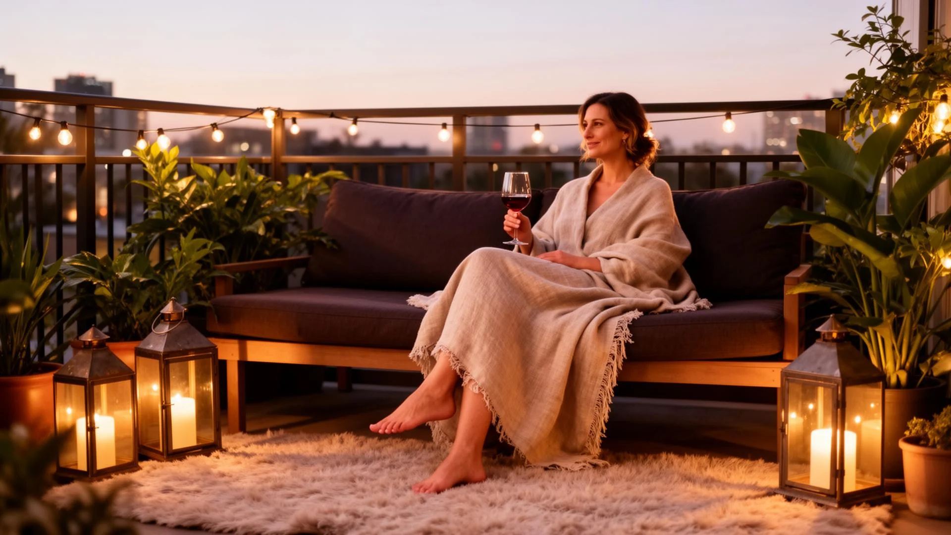 Frau mit Weinglas und Decke auf einem gemütlichen Balkon zur Abendstimmung