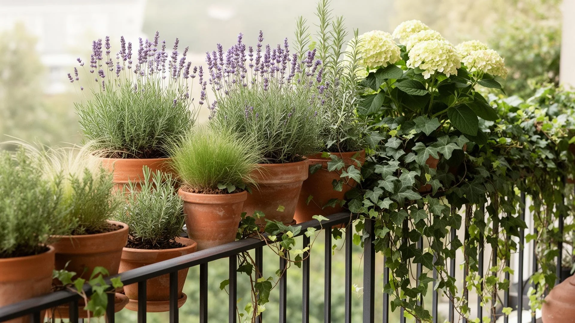 Üppige Balkonbepflanzung mit Lavendel, Hortensien, Gräsern und Efeu in Terrakotta-Töpfen