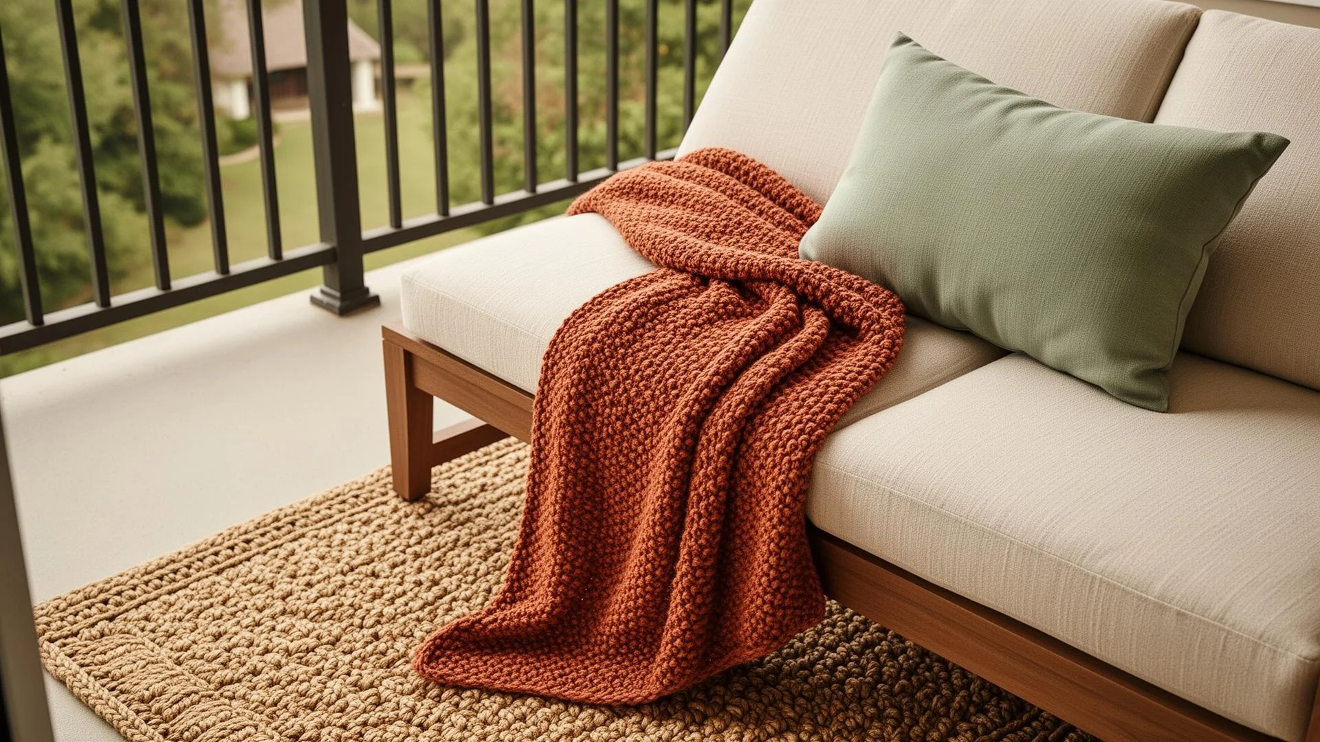 Outdoor-Kissen, Strickdecke und Jute-Teppich auf einer Balkonbank