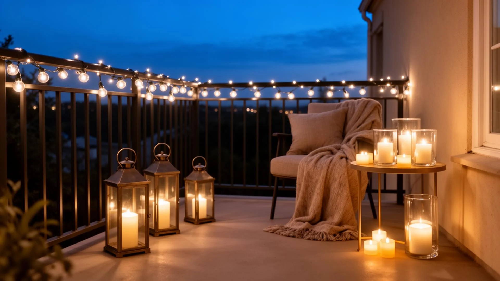 Lichterketten, Laternen und Windlichter zur blauen Stunde auf einem Balkon