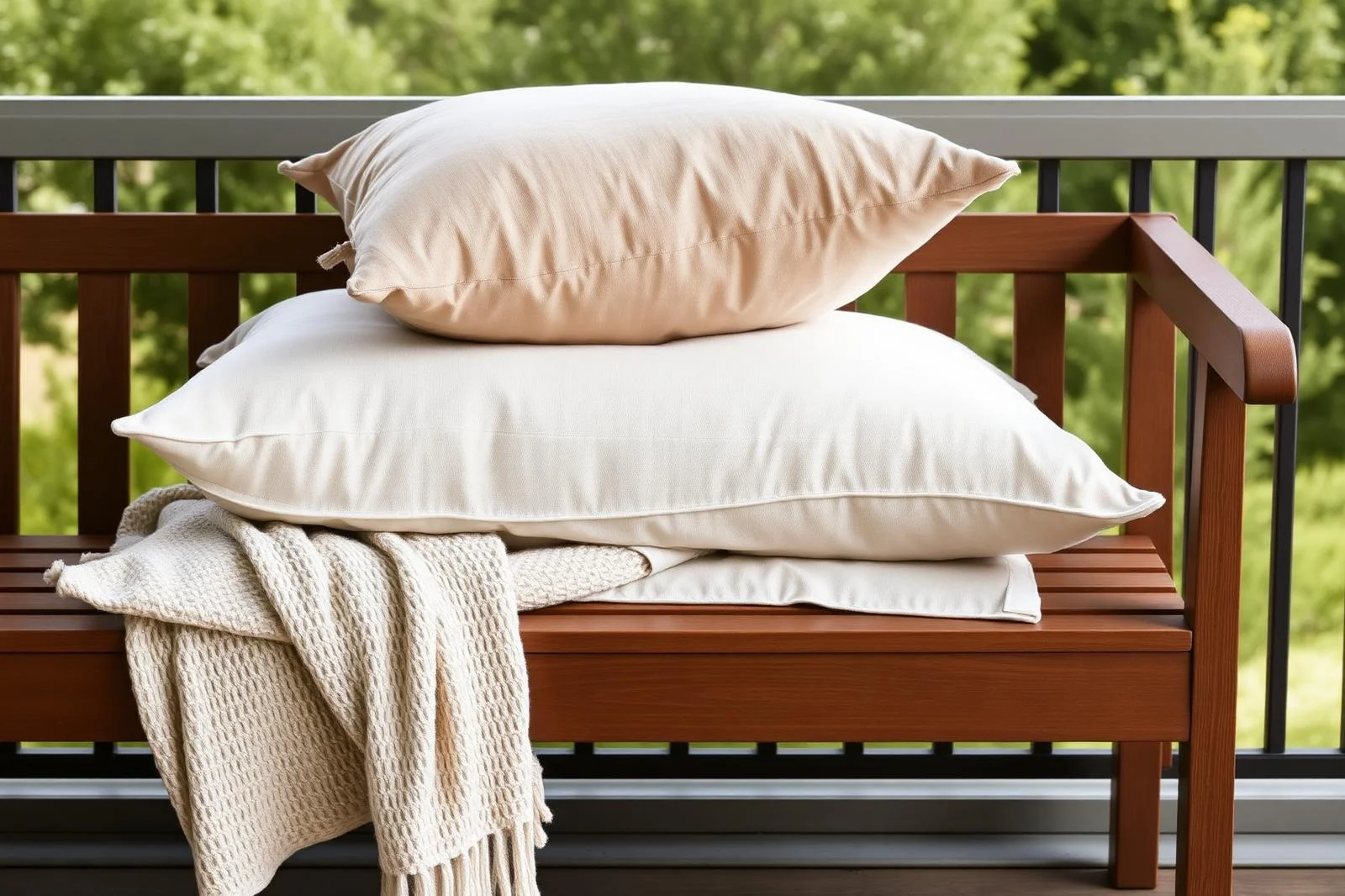 Outdoor-Kissen und Decke auf einer Balkonbank
