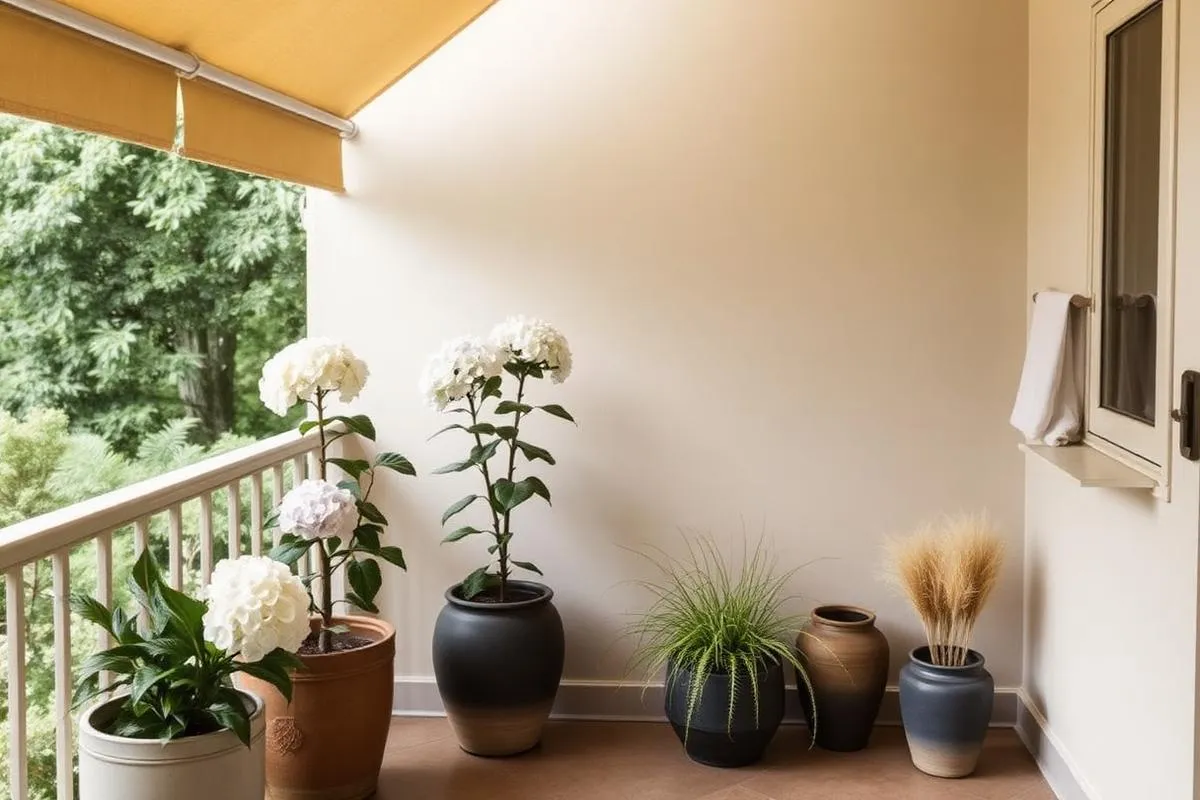 Halbschattiger Balkon mit Hortensien und Ziergräsern