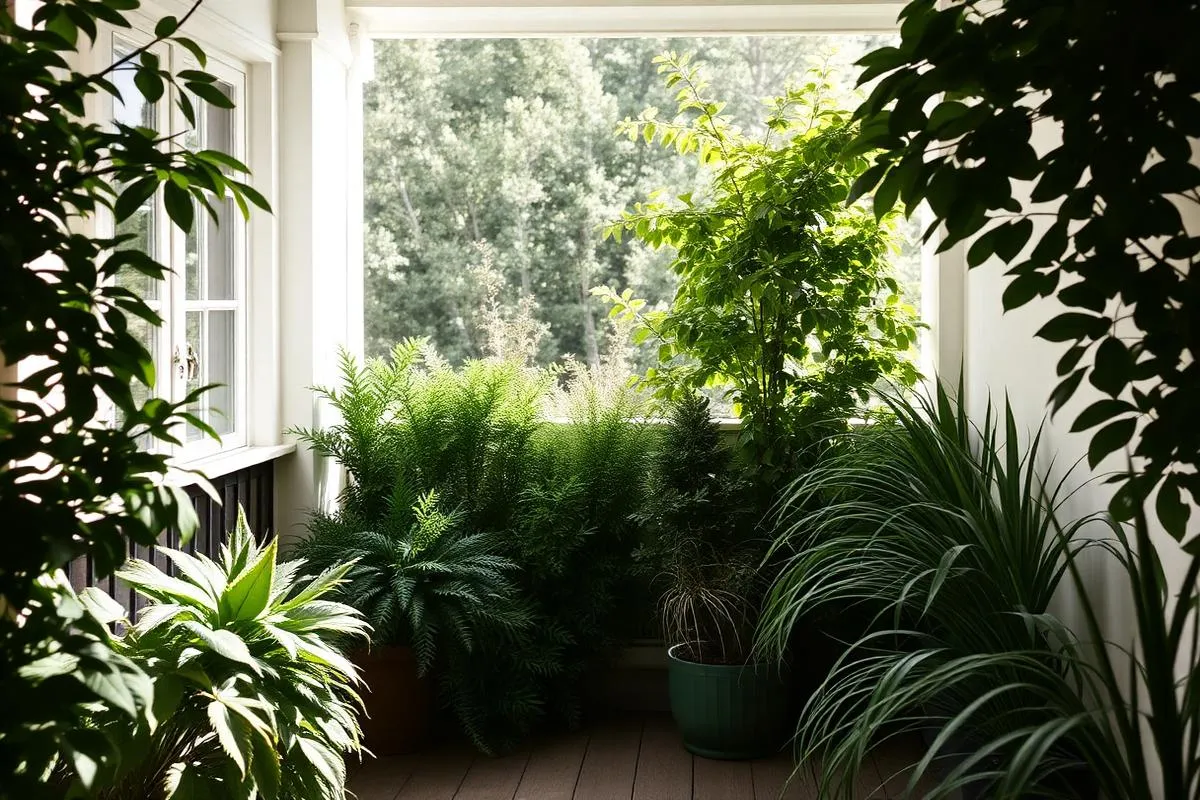 Schattiger Balkon mit Farnen und Hostas