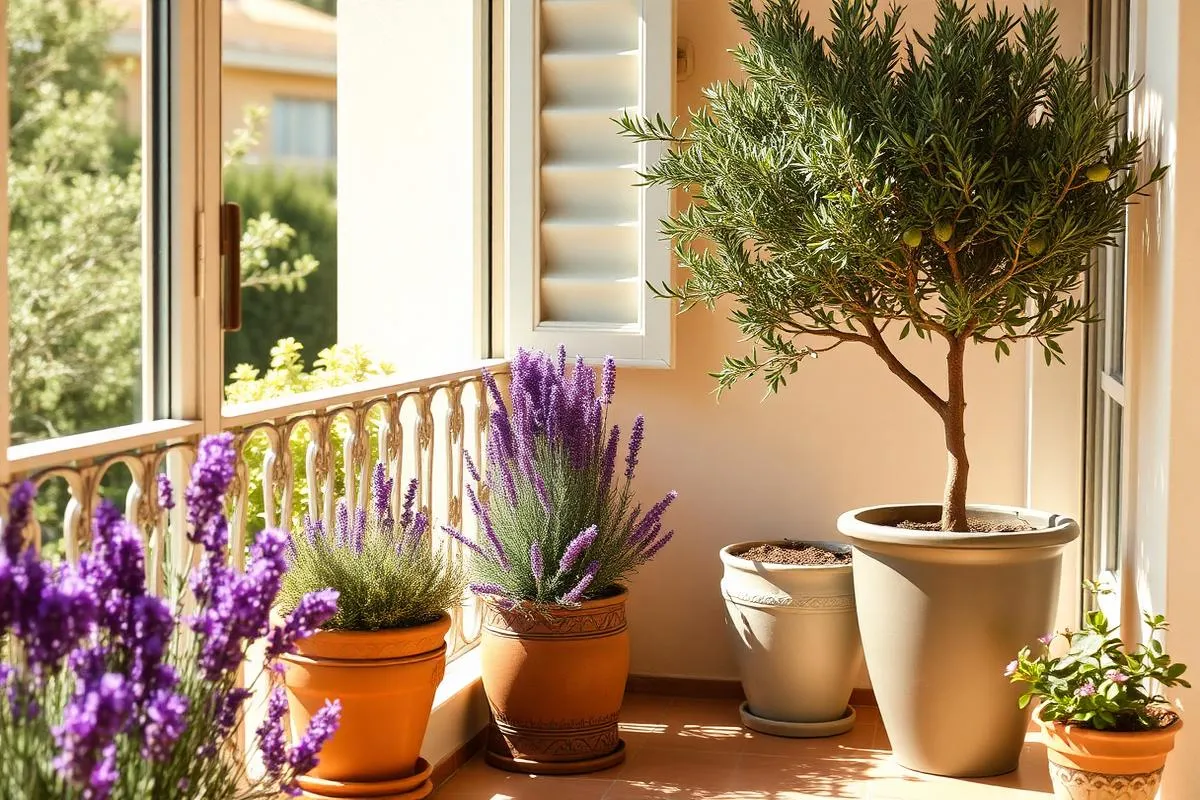 Sonniger Balkon mit Lavendel und Olivenbaum