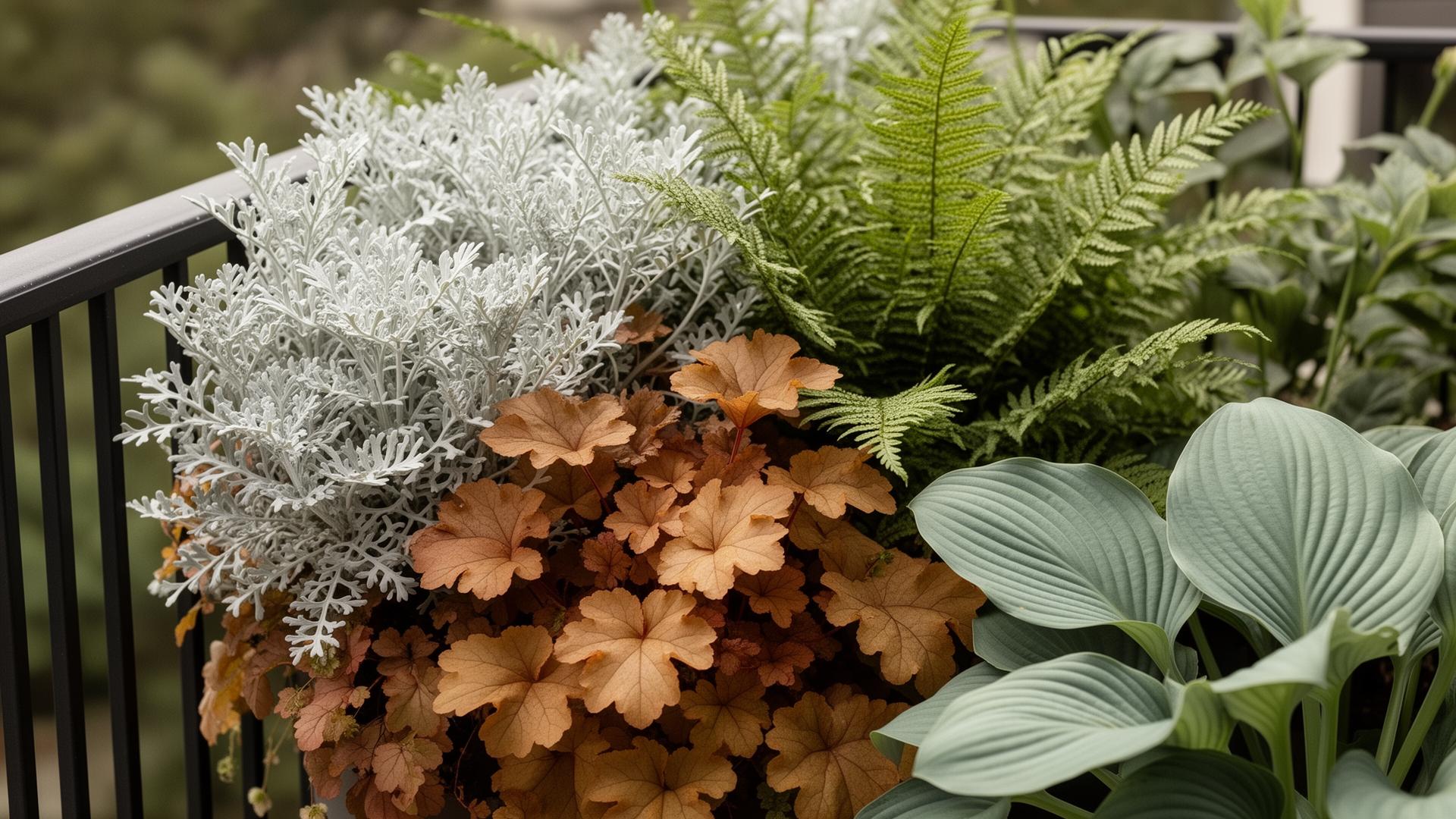 Balkonpflanzen richtig – Vielfalt an Blattformen und Texturen von Artemisia, Heuchera, Farn und Hosta
