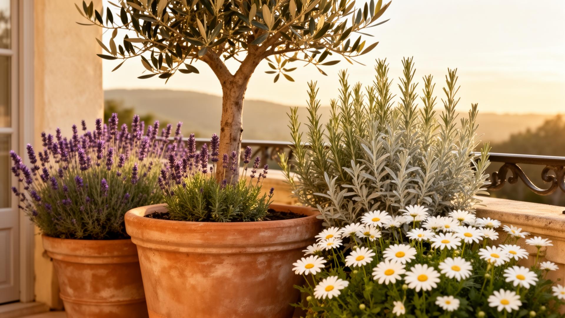 Balkonpflanzen richtig – Mediterrane Balkon-Komposition mit Olive, Lavendel und Margeriten