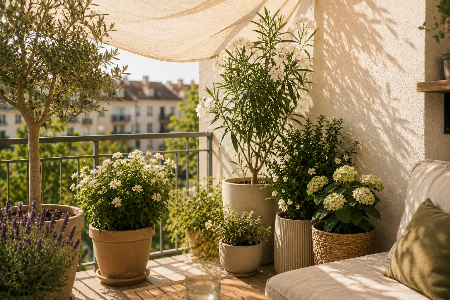Balkonpflanzen sommer – Sonnenschutz aus leichtem Stoff auf dem Balkon