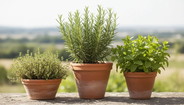 Besten balkonpflanzen – Rosmarin, Thymian und Minze in Terracotta-Töpfen