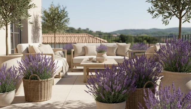 Besten balkonpflanzen – Lavendel in Terracotta-Töpfen auf einer mediterranen Terrasse
