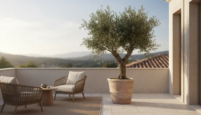 Besten balkonpflanzen – Olivenbaum im großen Topf auf einer Terrasse mit Hügelblick