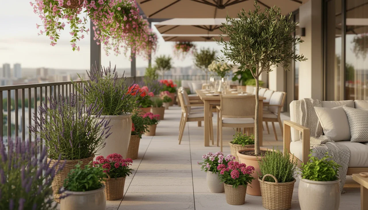 Besten balkonpflanzen – Stilvoll bepflanzter Balkon mit Olivenbaum, Lavendel und Geranien