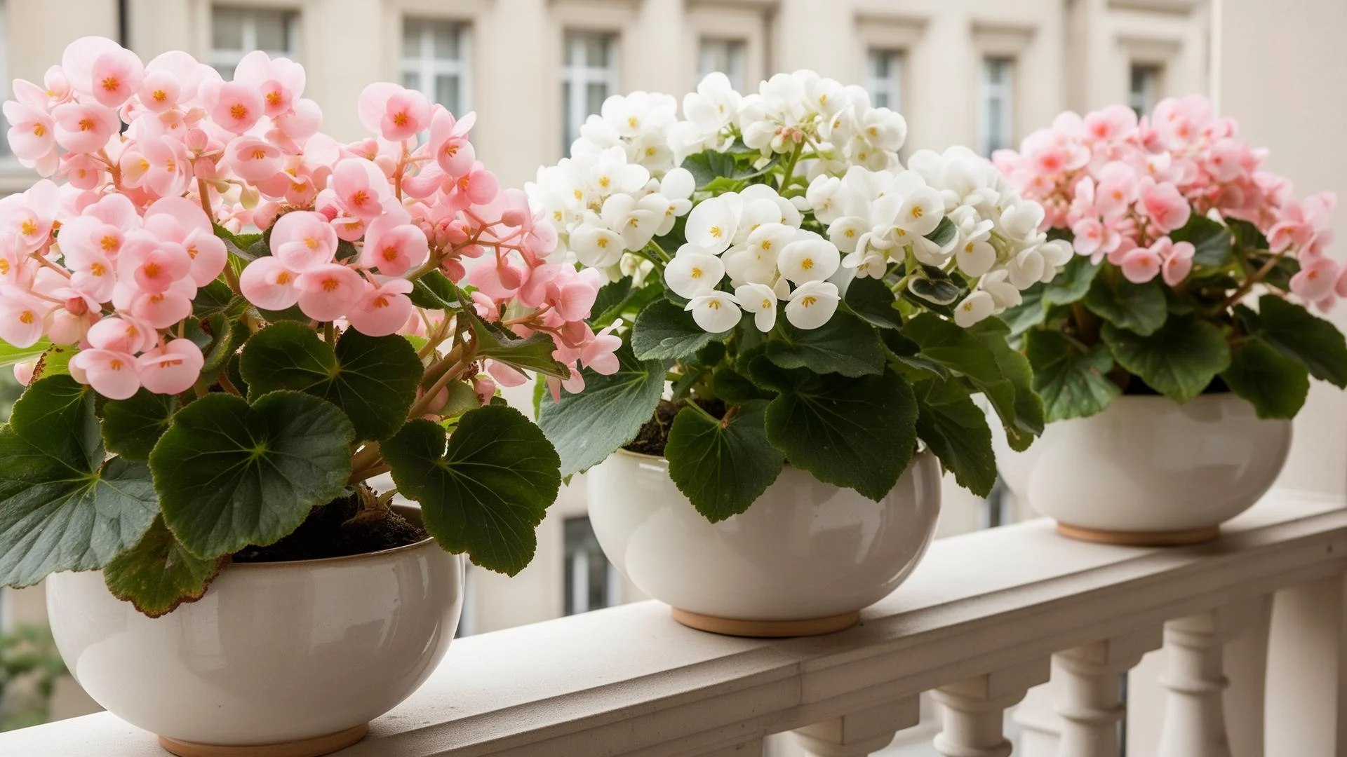 Rosa und weiße Begonien in Keramiktöpfen auf einem Balkon