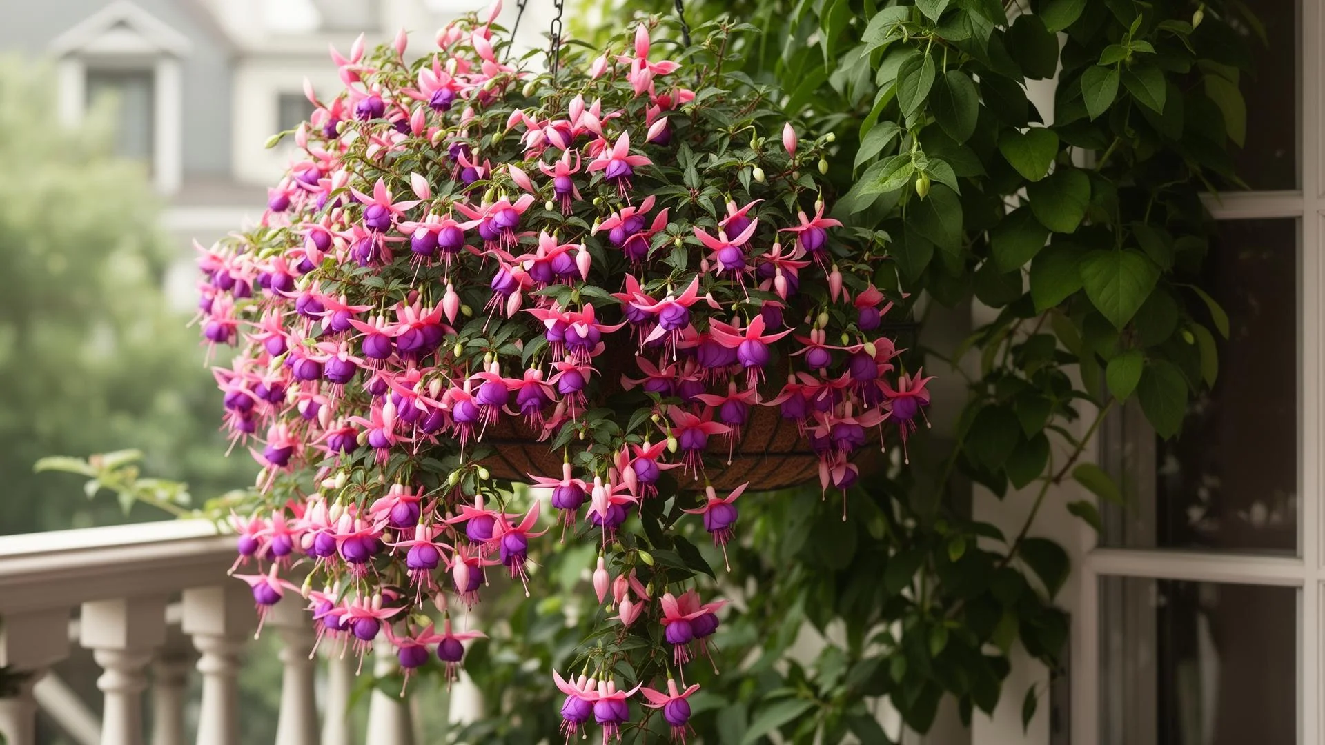 Cascadende Fuchsien in einer Hängeampel