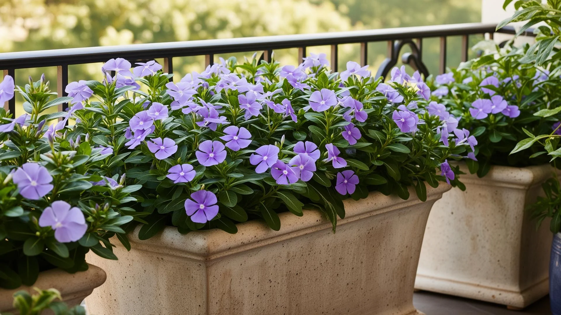 Immergrün mit zarten violetten Blüten in einem Pflanzkasten