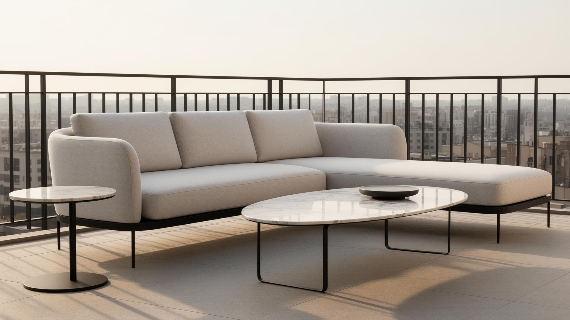 Contemporary Glam Möbel: niedriges breites Sofa, ovaler Marmortisch, schwarze Metallrahmen