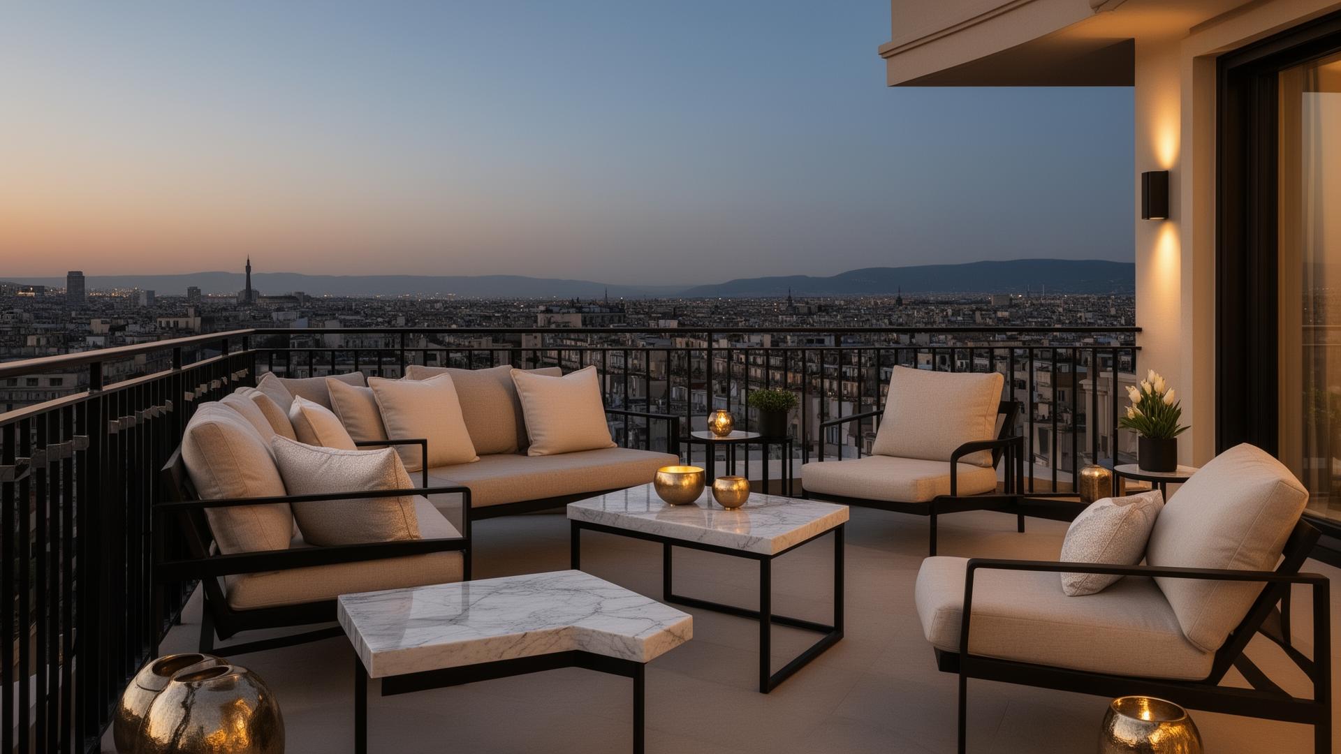 Contemporary Glam Terrasse in der Dämmerung — wie eine private Hotelterrasse