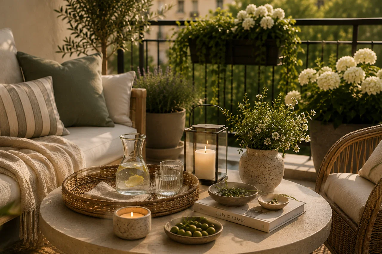 Dein balkon – Holztablett mit Tasse und aufgeschlagenem Buch auf einem Kissen