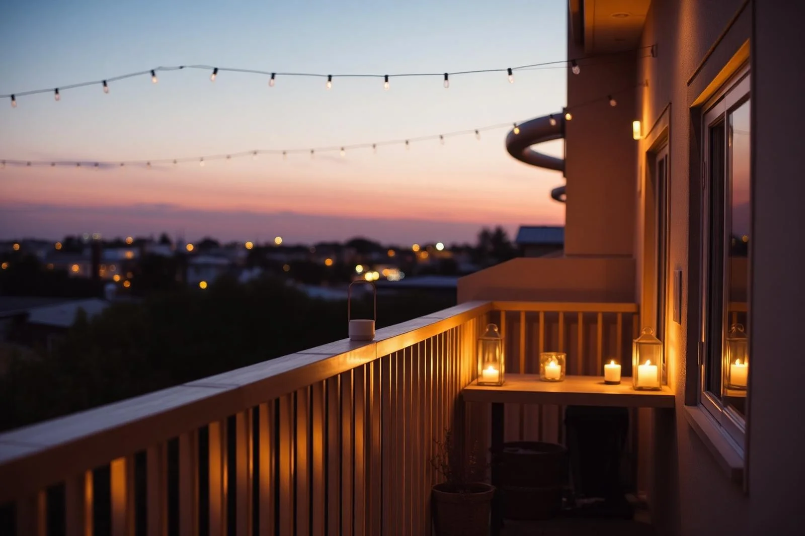 Warmes, indirektes Licht und Lichterketten auf dem Balkon am Abend