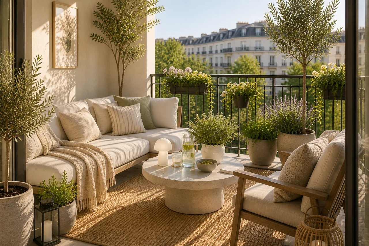 Balkon mit klarer Struktur: Sofa, Beistelltisch, Hocker und Tablett