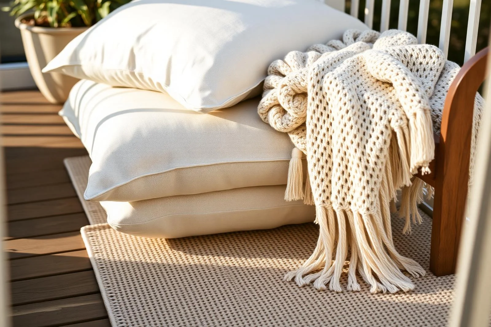 Weiche Leinenkissen, gestrickte Decke und Outdoor-Teppich auf dem Balkon