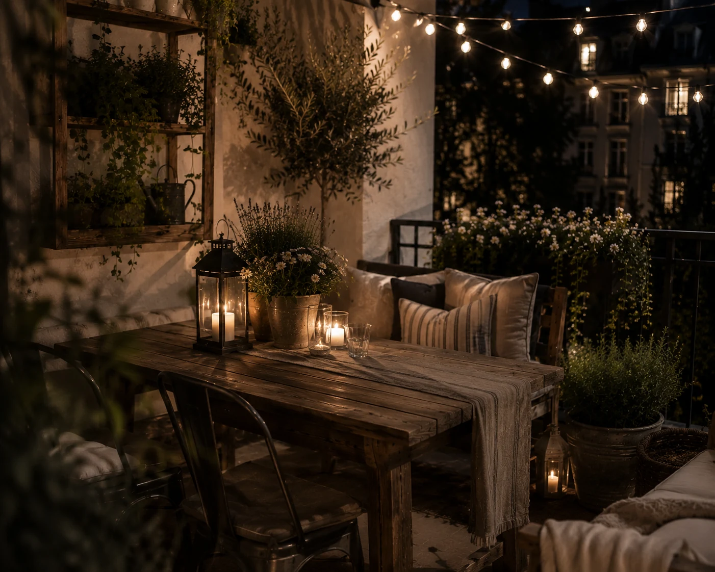 Laternen, Windlichter und Edison-Lichterketten auf einem Farmhouse-Balkon