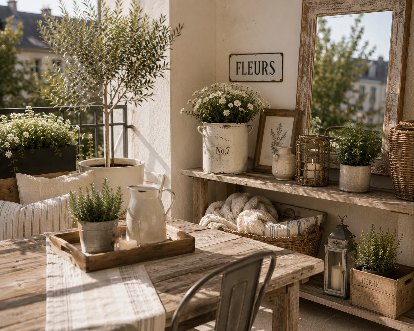 Modern farmhouse – Vintage-Milchkrug mit weißen Blüten, Korb mit Decke und Tablett mit Kerzen