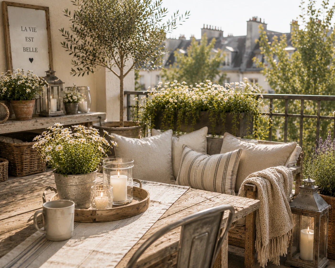 Komplett gestylter Modern Farmhouse Balkon zur goldenen Stunde