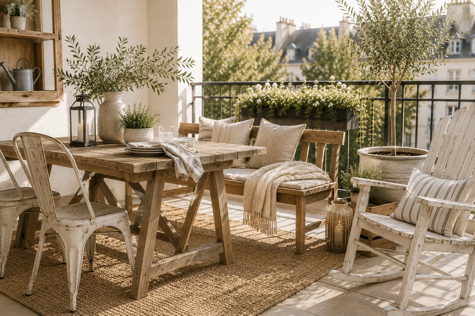 Modern farmhouse – Massiver Holztisch mit schwarzen Vintage-Metallstühlen und weißer Bank