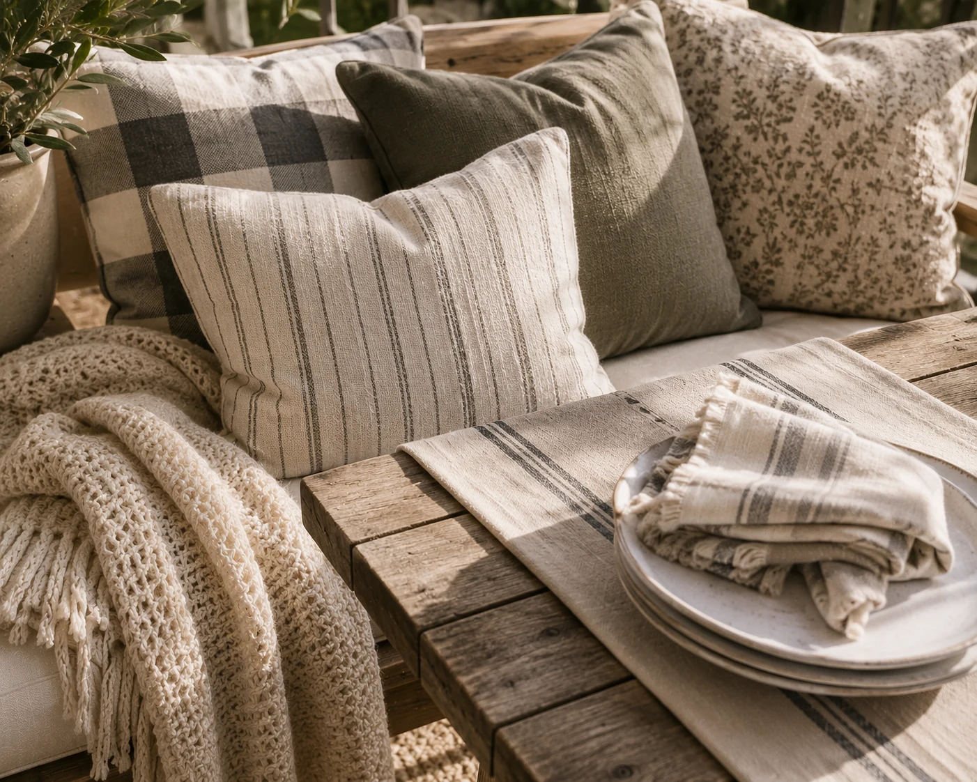 Modern farmhouse – Cremefarbene Leinenkissen, Strickdecke und Jute-Teppich