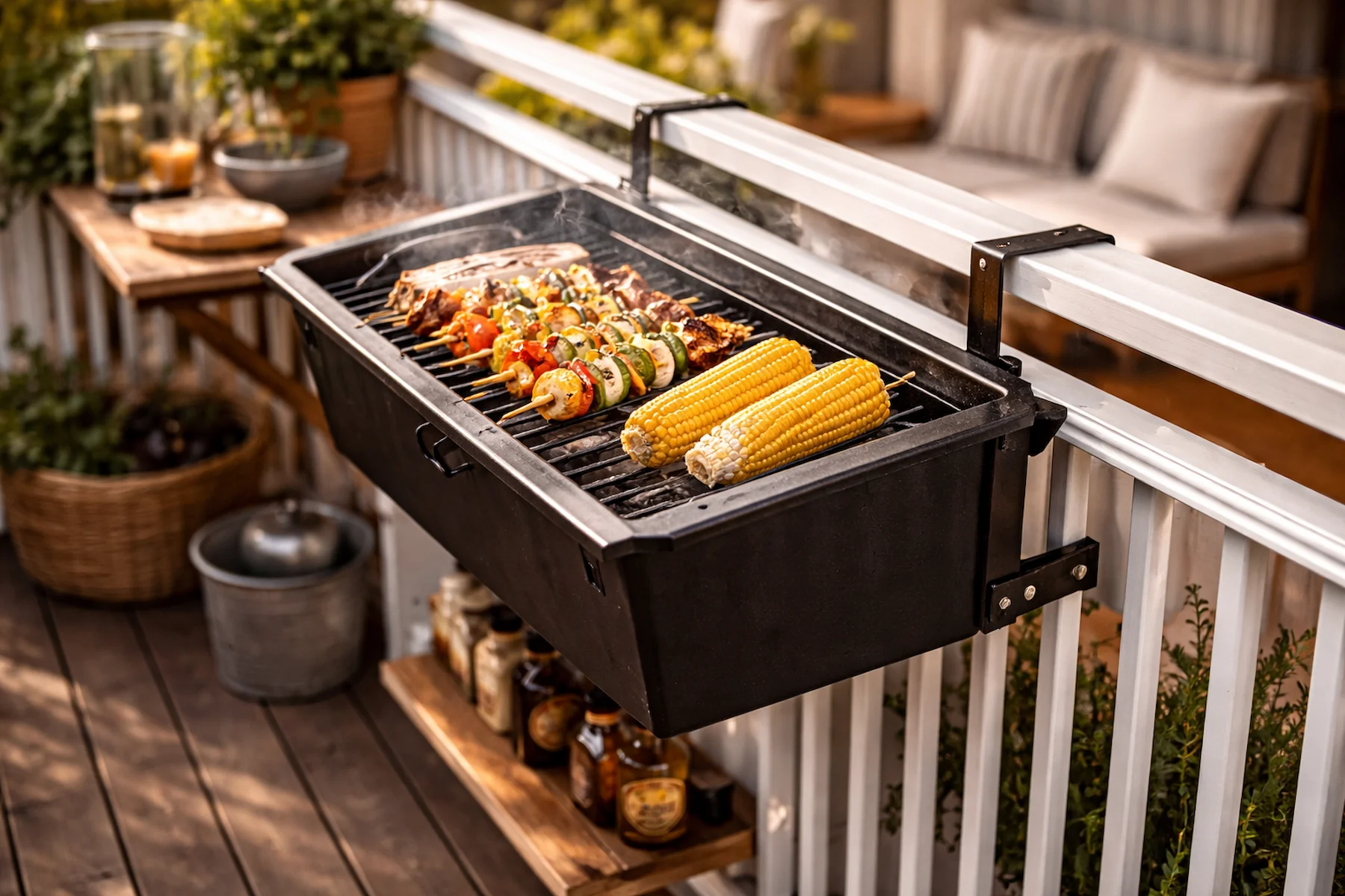 Hängegrill am Balkongeländer bei Abenddämmerung