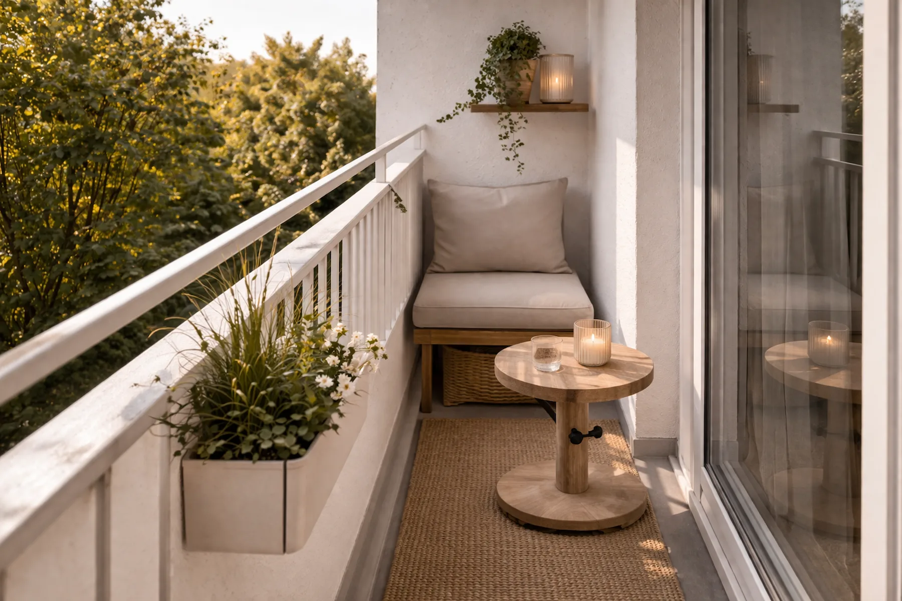 Minimalistischer Balkon mit wenigen ausgewählten Elementen