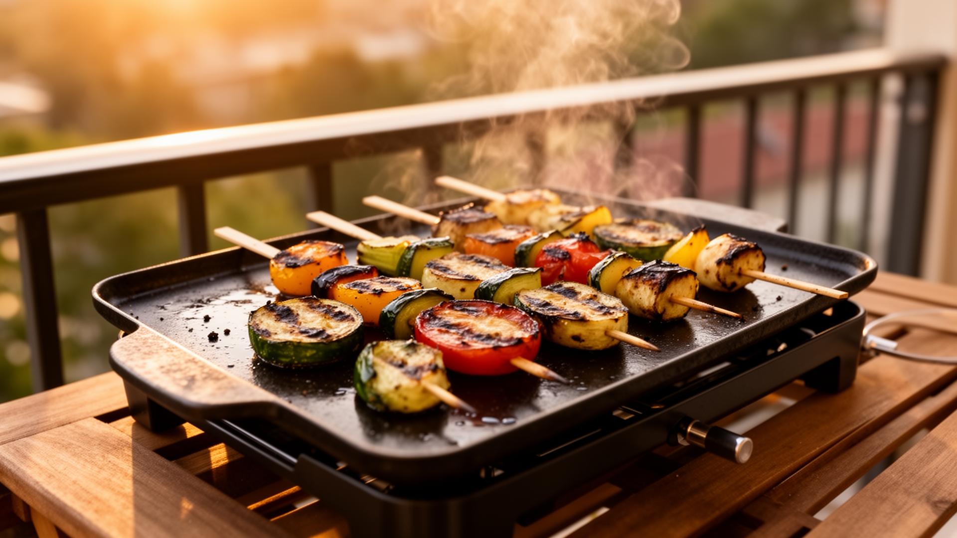 Kleiner Plancha-Grill mit Gemüse-Spießen auf dem Balkon