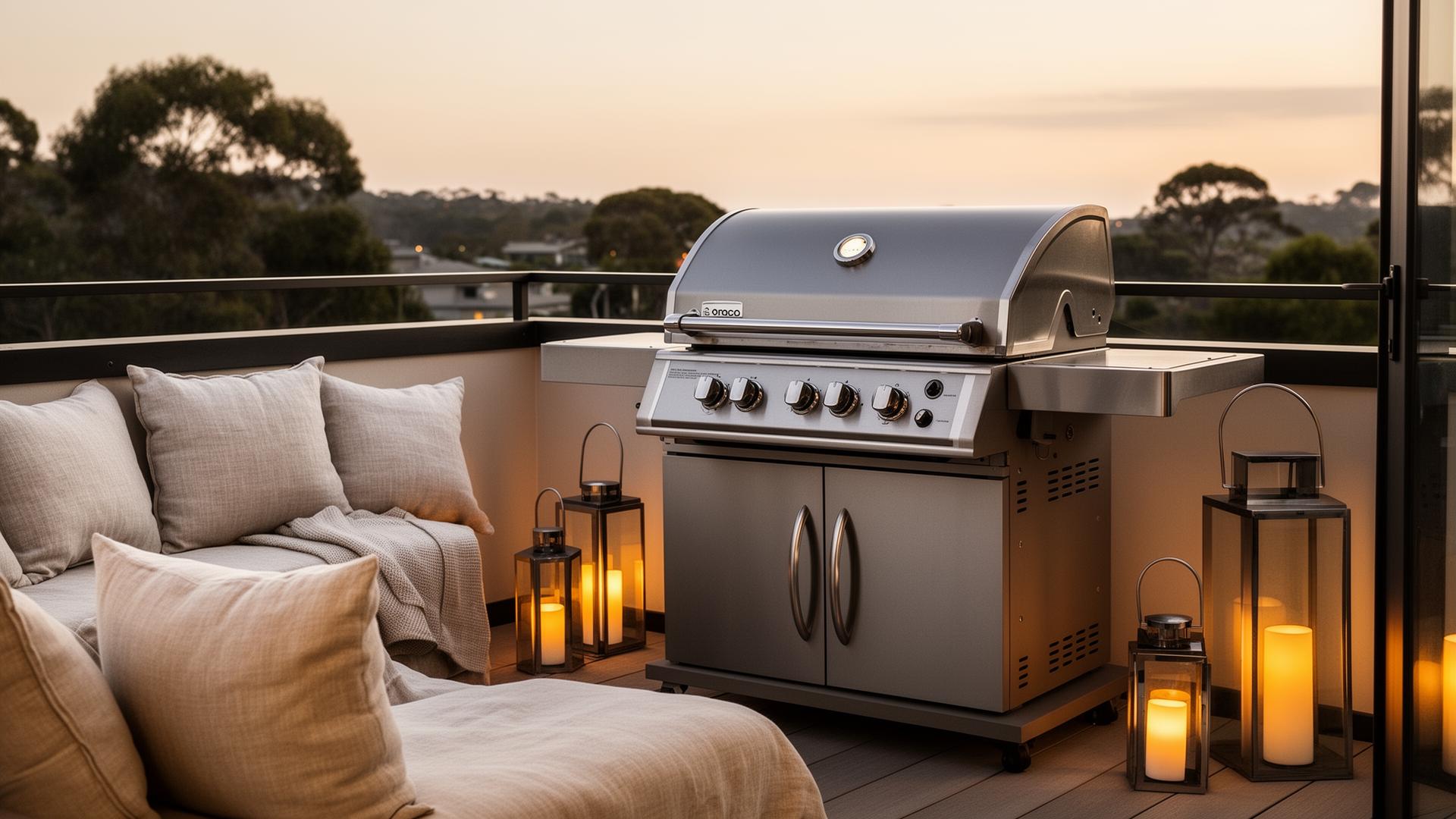 Stilvoller Gasgrill auf einem modernen Balkon im Abendlicht