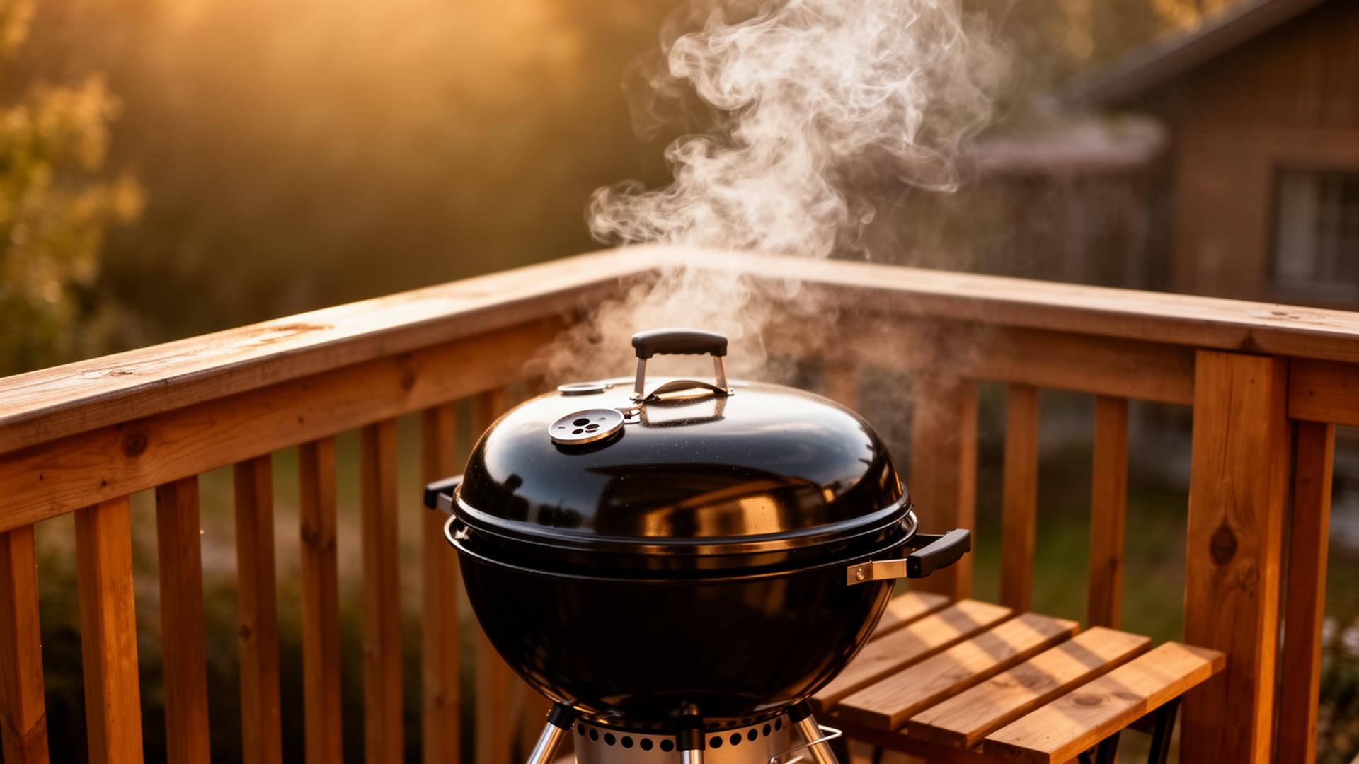 Klassischer Holzkohlegrill mit Rauch auf einem Holzbalkon