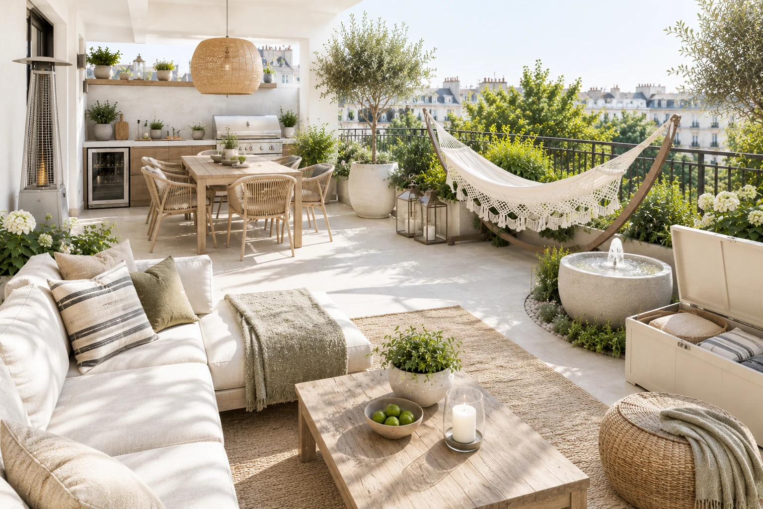 Grosse balkone – Großer, vollständig eingerichteter Balkon im goldenen Abendlicht