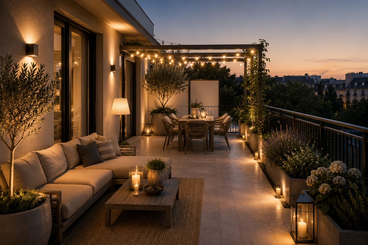Grosse balkone – Großer Balkon in der blauen Stunde mit warmer Beleuchtung