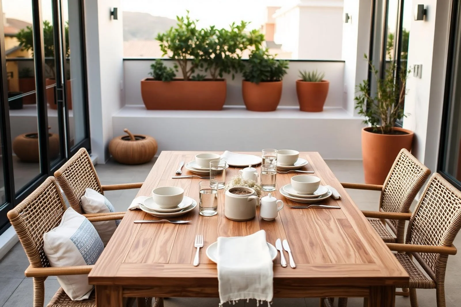 Grosse balkone – Essbereich auf großem Balkon mit Holztisch und Korbstühlen